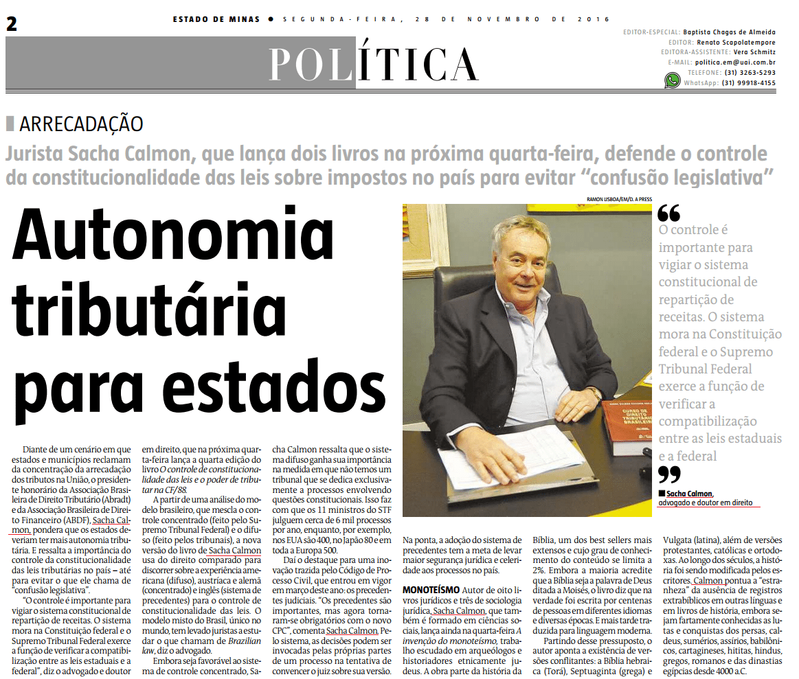 EM destaca lançamento de livros de Sacha Calmon