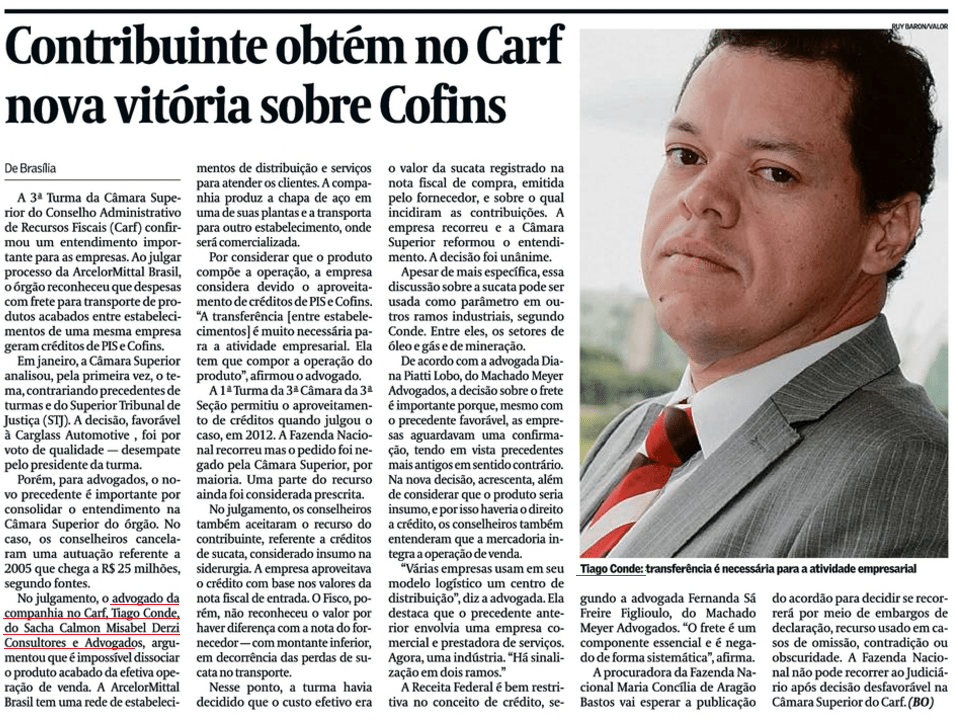 Valor Econômico: Tiago Conde comenta decisão do Carf sobre créditos de PIS e Cofins